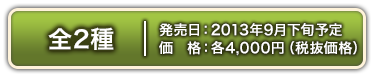 Two types available. Scheduled for発売in late Sep. 2013. 4,000 yen each (excluding価格).